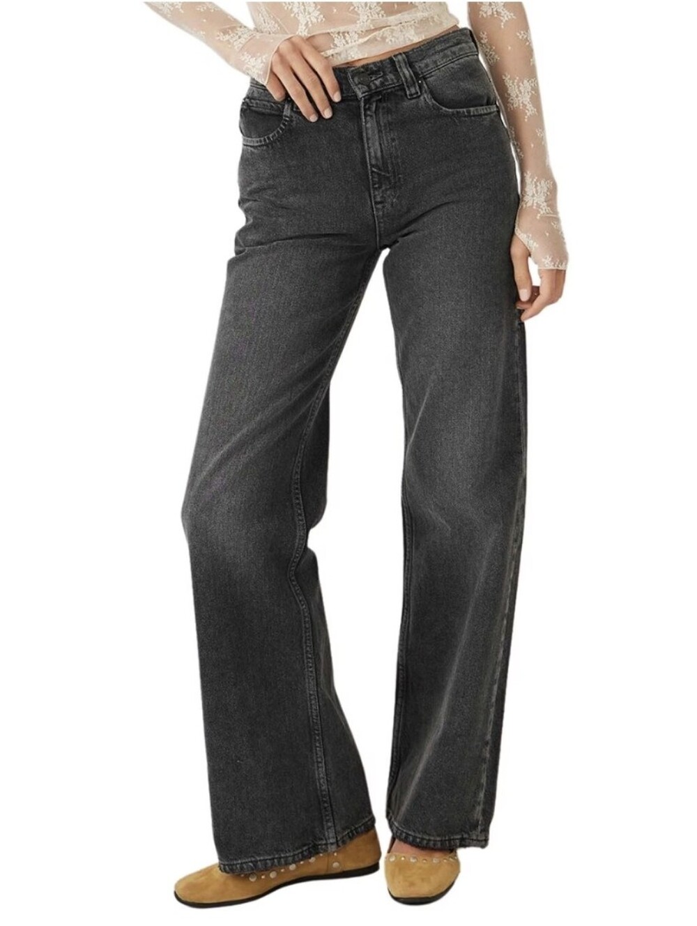Free People Tinsley Baggy High Waist Straight Leg Jeans Black Wash 28